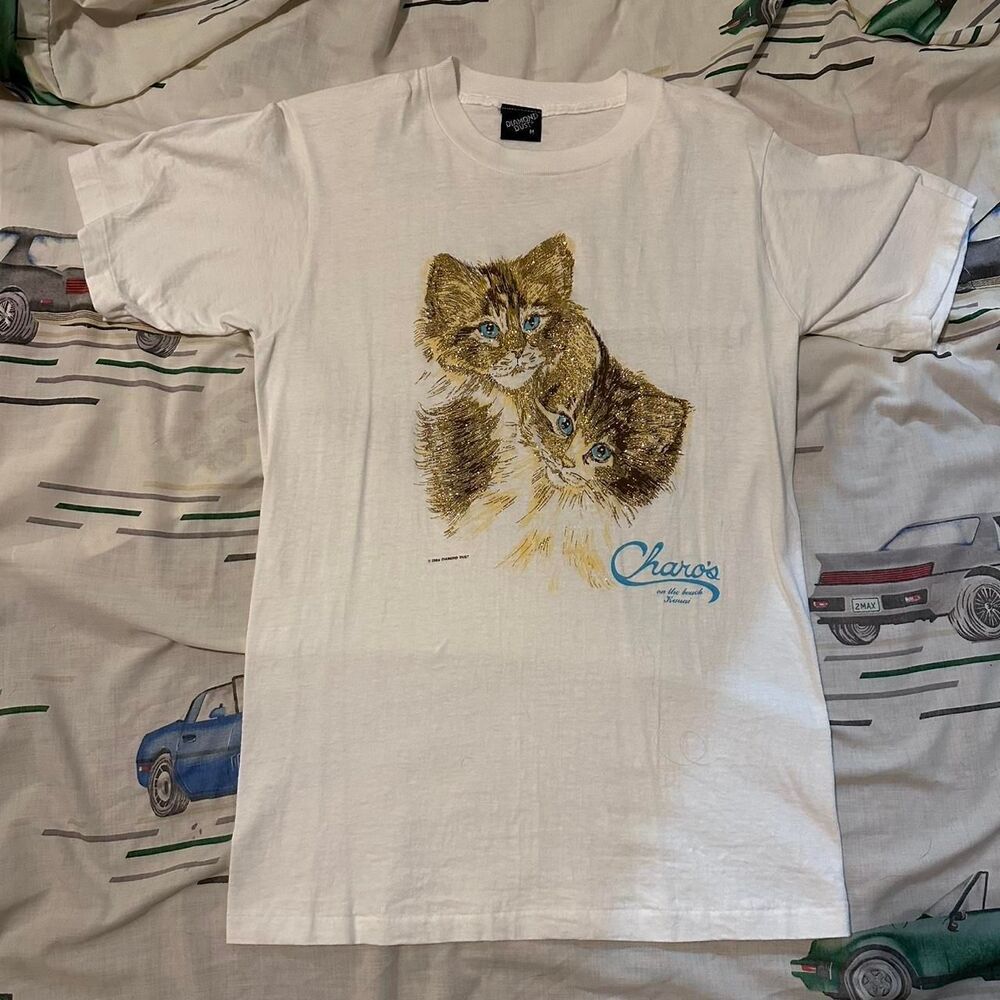 Vintage Single Stitch Sparkly Glitter Cats Diamond Dust Shirt Kauai Hawaii M